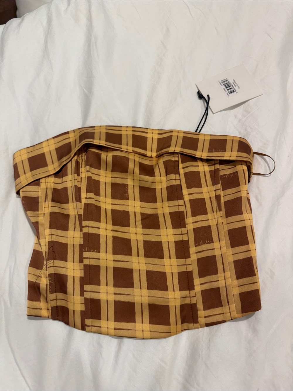 Yellow and Brown Plaid Strapless Bustier Top from with Jean